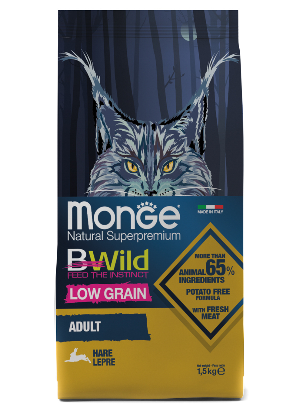 Сухой корм Monge Cat BWild LOW Hare для взрослых кошек, низкозерновой из мяса зайца 1,5 кг