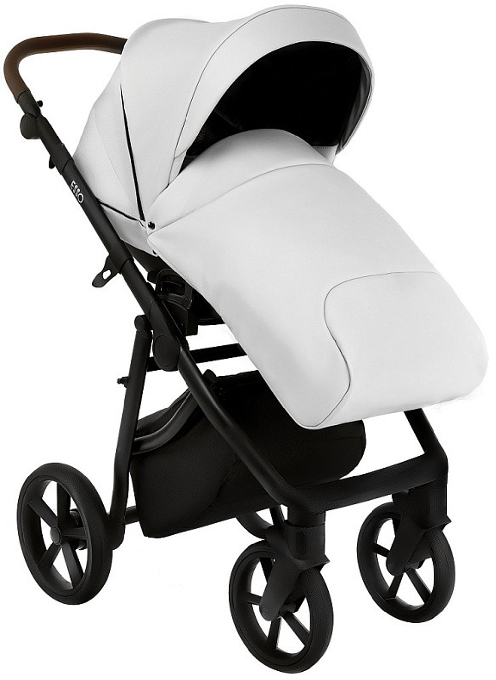 Детская коляска Roan Esso Кожа 3 в 1 с автокреслом Tutis Elo Lux EduSky Black ESSK/215/1 White/Black/руч.Тем.коричневый