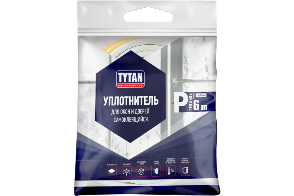 Уплотнитель для окон и дверей Tytan Professional p 6 м, 9x5.5 мм, белый 260670 19767