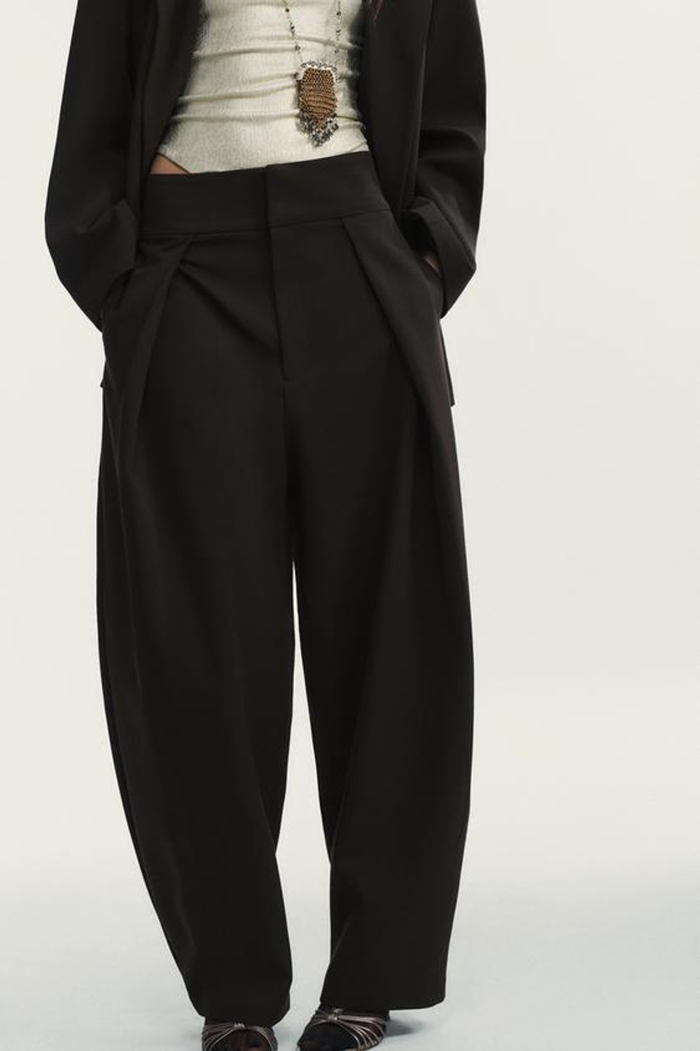 ZARA БРЮКИ-БАЛЛОНЫ СО СКЛАДКАМИ, ТЕМНО-БАКЛАЖАНОВЫЙ