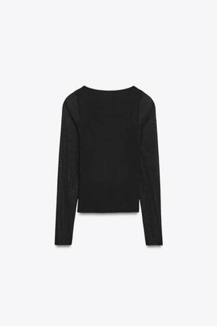 ZARA КОМБИНИРОВАННАЯ ПОЛУПРОЗРАЧНАЯ ФУТБОЛКА, ЧЕРНЫЙ