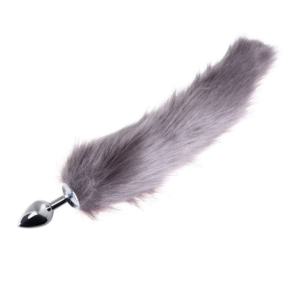 Серебристая анальная пробка размера с длинным серым хвостом (Цвет: серый)