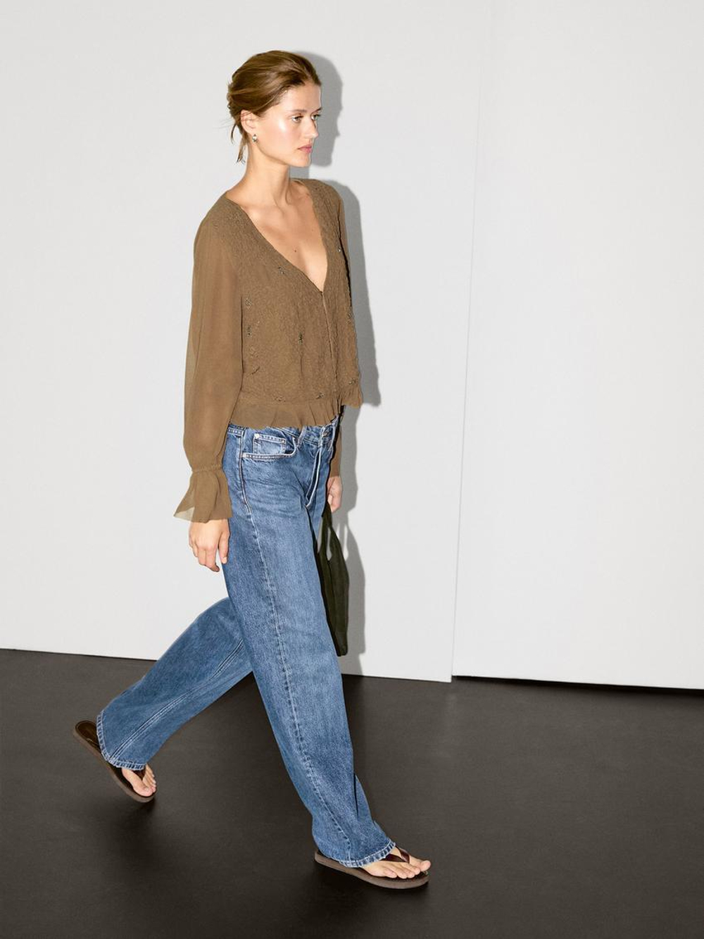 Massimo Dutti Рубашка из рельефной ткани с воланами, светлый хаки