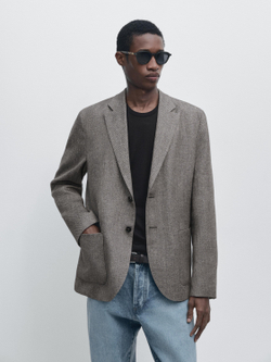 Massimo Dutti Приталенный блейзер из смесовой льняной ткани в елочку, серый меланж