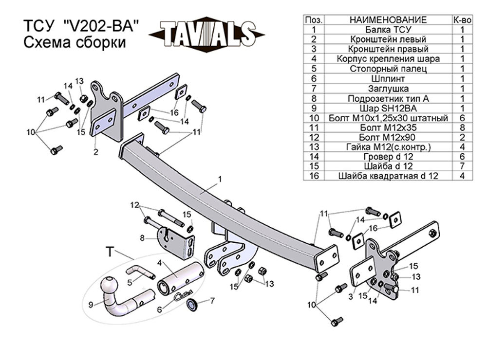 Фаркоп(прицепное) Tavials для VOLVO XC 70 (универсал) (B) 2007-... (С БЫСТРОСЪЕМНЫМ ШАРОМ)(паспорт и сертификат в комплекте)(без электрики)T-V202-BA