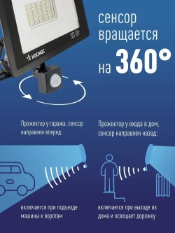 Прожектор светодиодный уличный 30 Вт с датчиком движения, 6500К, IP65