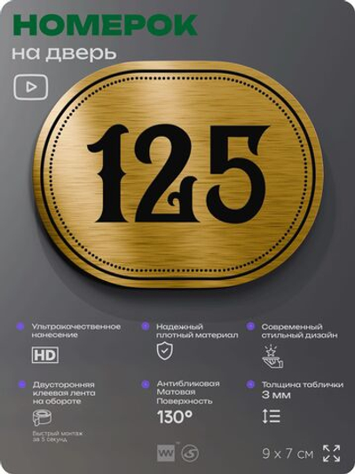 Номерок на дверь квартиры 125, для кабинета, офиса, шильдик 9 х 7 см, золотистый, Айдентика Технолоджи