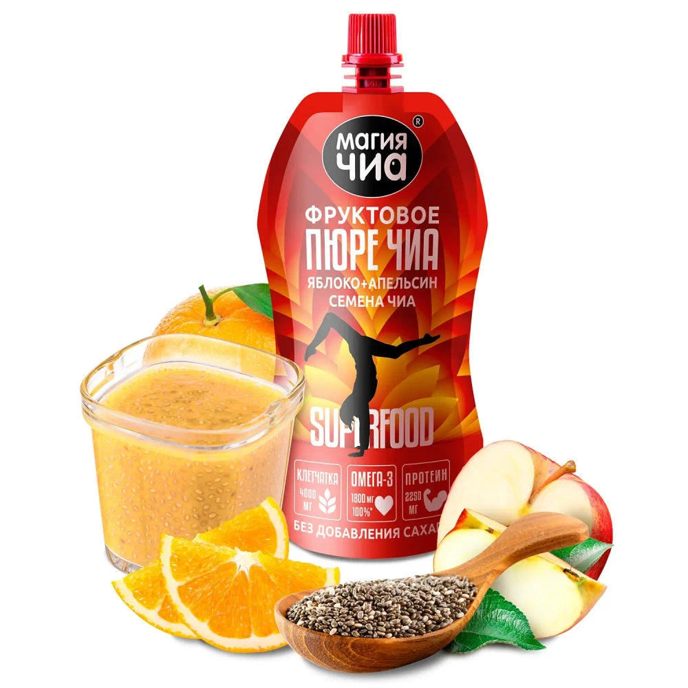 Фруктовое пюре Чиа Яблоко+Апельсин МАГИЯ ЧИА, 150 г, упаковка и фрукты