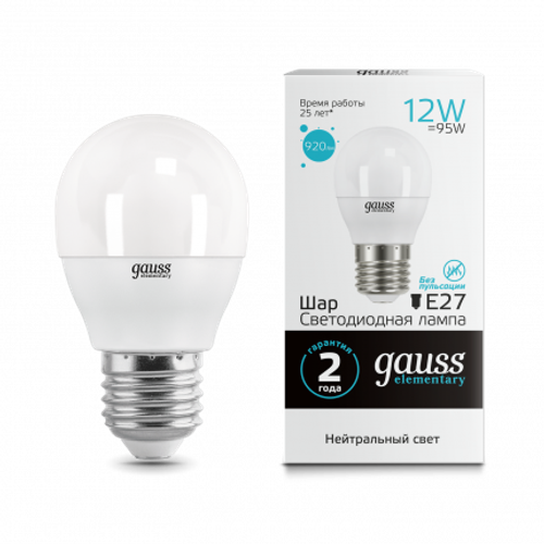 Лампа Gauss LED Elementary Шар 12W E27 920Lm 4100K 53222