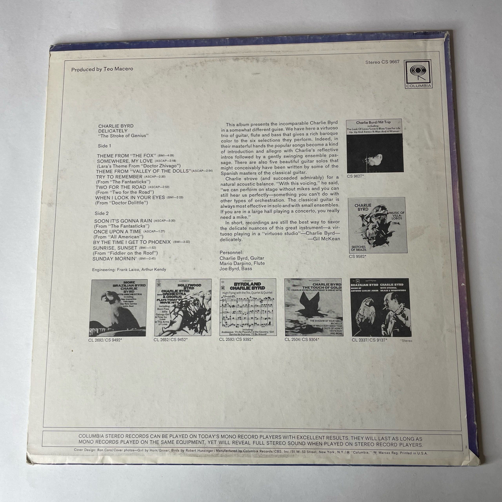 Винтажная виниловая пластинка LP Charlie Byrd Delicately (США 1973)