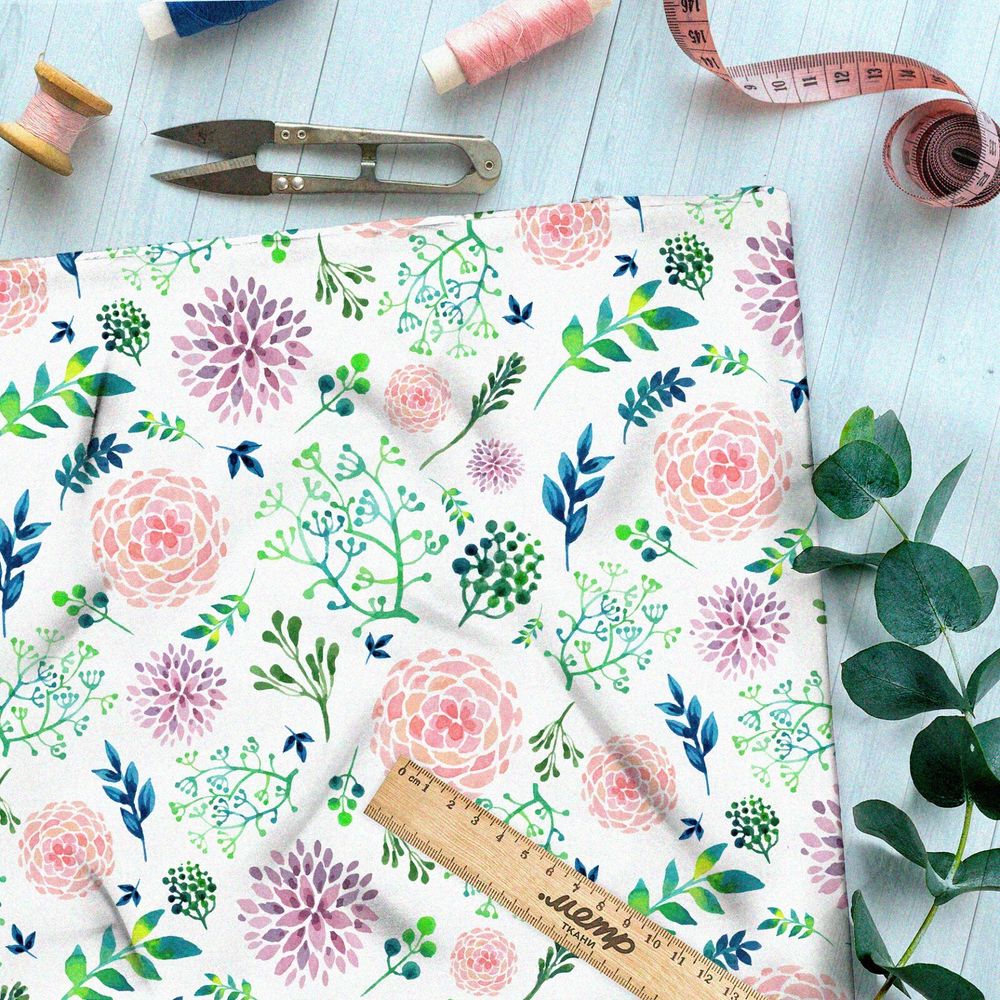 Ткань футер 2-х нитка акварельные георгины и трава