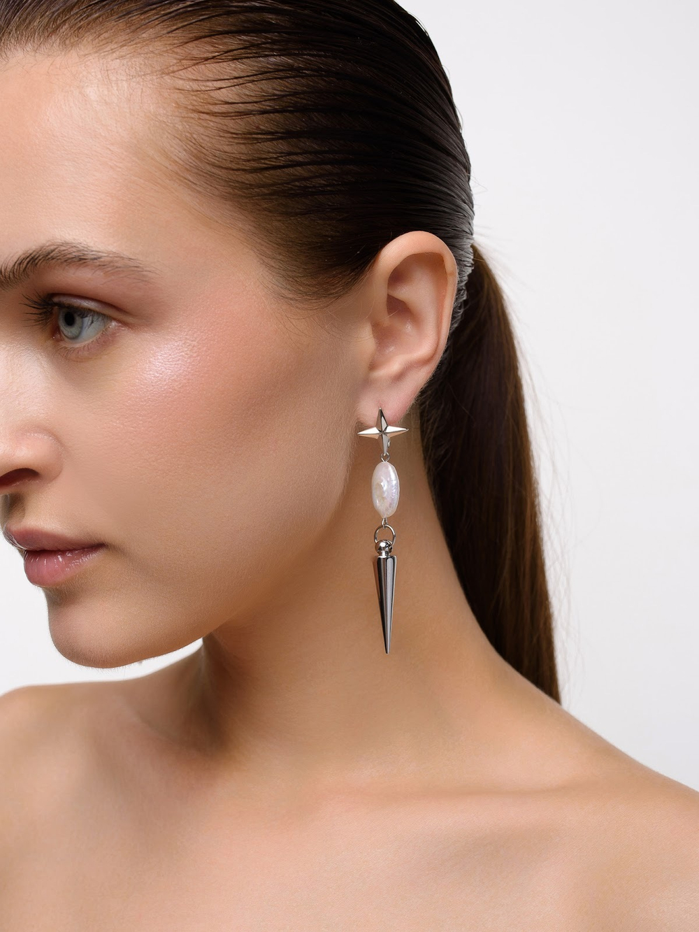 Серьги "Star pearl thorn" c черным агатом Silver