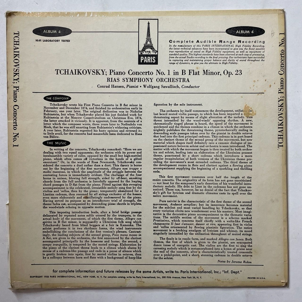Винтажная виниловая пластинка LP Tchaikovsky П.И. Чайковский Rias Symphony Orchestra, Concerto No. 1 In B Flat Minor Концерт № 1 (USA 1956)