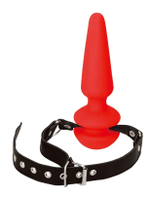 Красный кляп-плаг из силикона на черных регулируемых ремешках (Цвет: красный с черным)