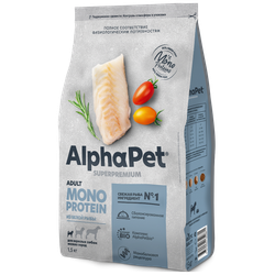 Сухой корм ALPHAPET Monoprotein для собак мелких пород с белой рыбой - 1,5 кг