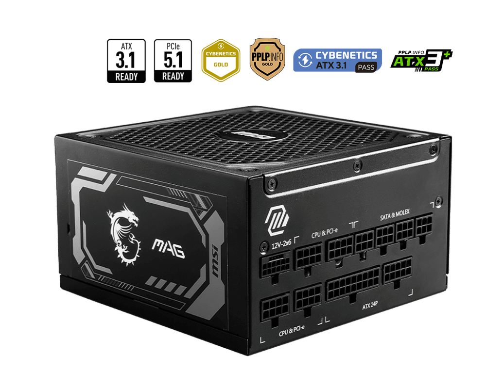 Блок питания MSI 1000W, MAG A1000GL PCIE5, Full Modular, ATX, 80+ GOLD, КПД >90%, Fan 135mm, Черный