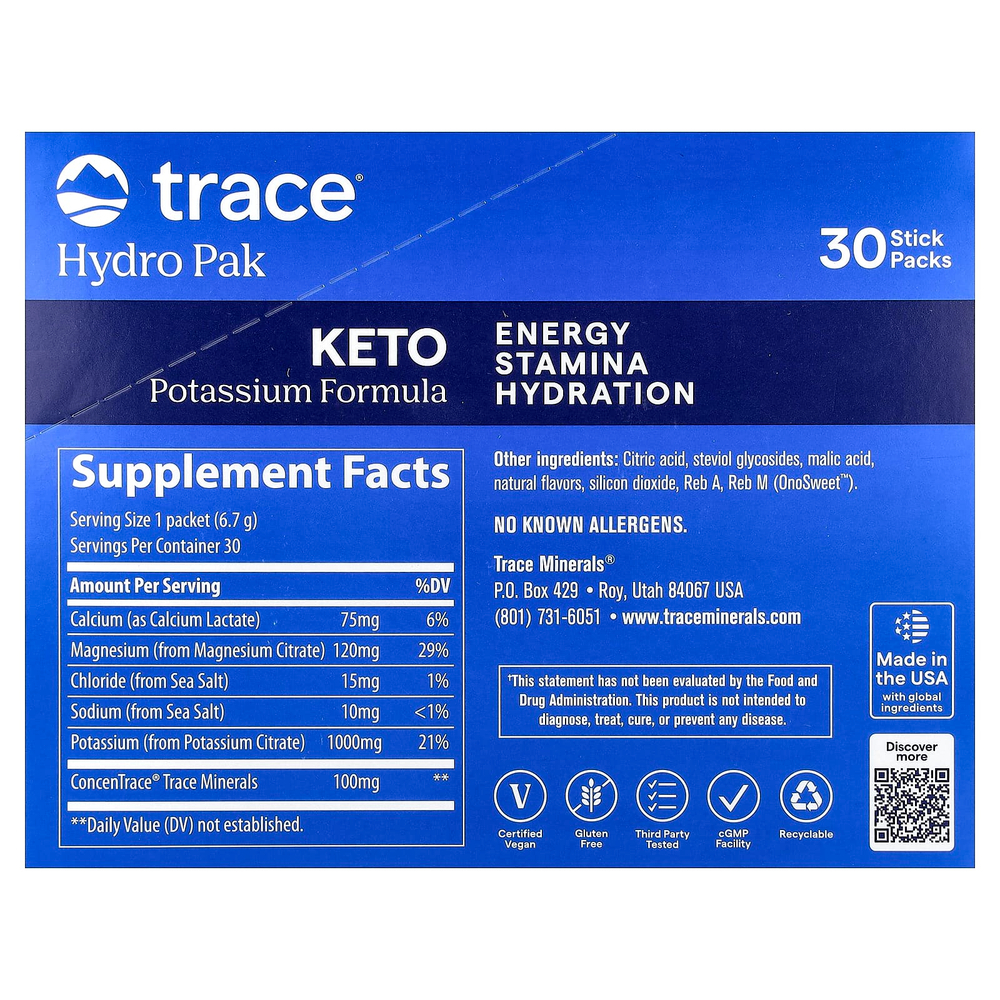 Trace, Hydro Pak Keto, лимон и лайм, 30 стик-пакетов по 6,7 г (0,24 унции)