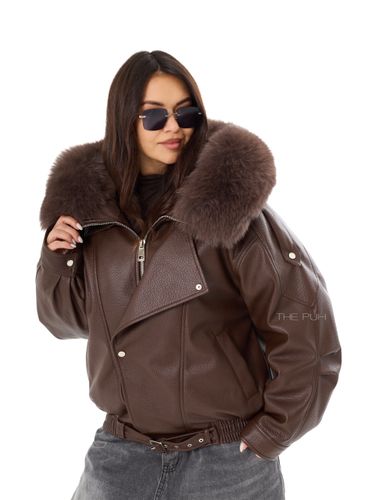 Шоколадный пуховик из эко-кожи с капюшоном