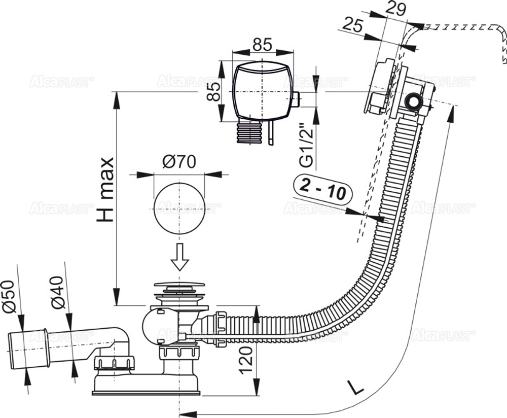 Сифон A564CRM1 для ванны с напуском воды через перелив пластик/металл