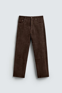 ZARA ПРЯМЫЕ БРЮКИ ИЗ ЗАМШИ, ТЕМНО-КОРИЧНЕВЫЙ