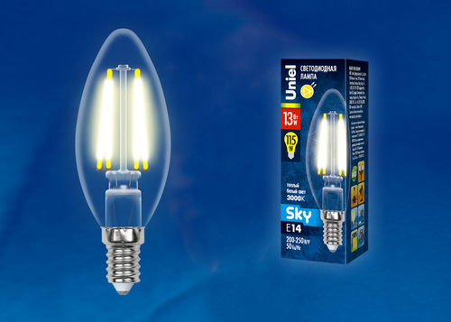 LED-C35-13W/3000K/E14/CL PLS02WH Лампа светодиодная. Форма свеча, прозрачная. Серия Sky. Теплый белый свет (3000К). Картон. ТМ Uniel.