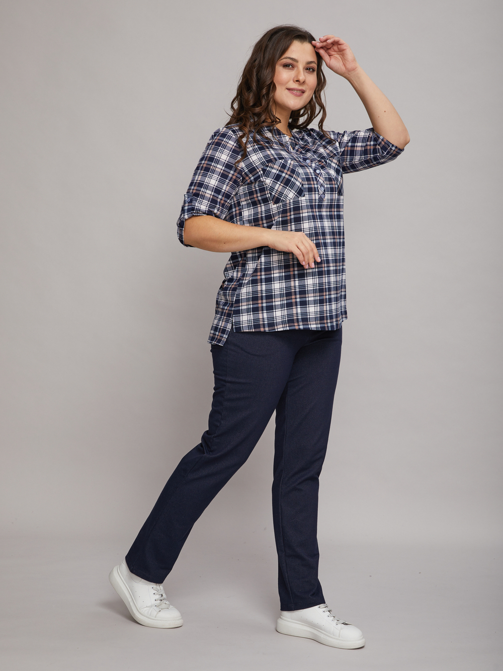 Блузка БЛ-131/синий-бежклетка