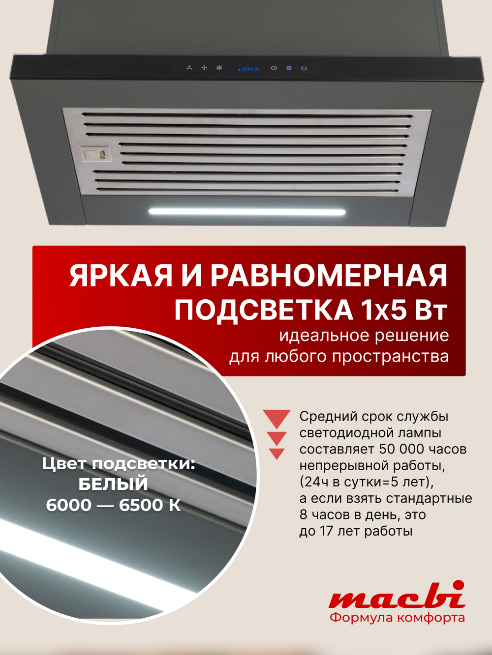 Вытяжка кухонная MACBI Perfa-60G-baf (GREY) серый, D150мм, 1200м3/ч, полновстраиваемая, мотор 230Ватт, стекло 60см, сенсорное управление + управление жестами