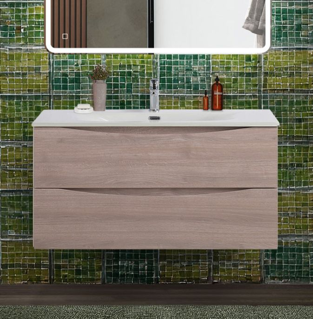 Тумба с раковиной подвесная BelBagno MARINO-CER-N-1000-2C-SO-RG-P Rovere Grigio, раковина белая BB-8099-100