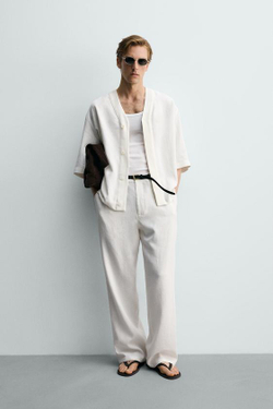 ZARA БРЮКИ RELAXED FIT ИЗ ВИСКОЗЫ И КОНОПЛИ, ЖЕЛТОВАТО-БЕЛЫЙ