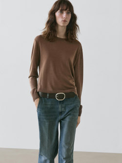 Massimo Dutti Свитер из тонкого трикотажа с круглым вырезом, тоффи