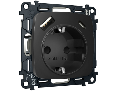 MO810010 Комплект механизма электрической розетки OMEGA Черный матовый 2USB A+C 20W (быстрая зарядка) с/з QUANT (OP8100, VM160)