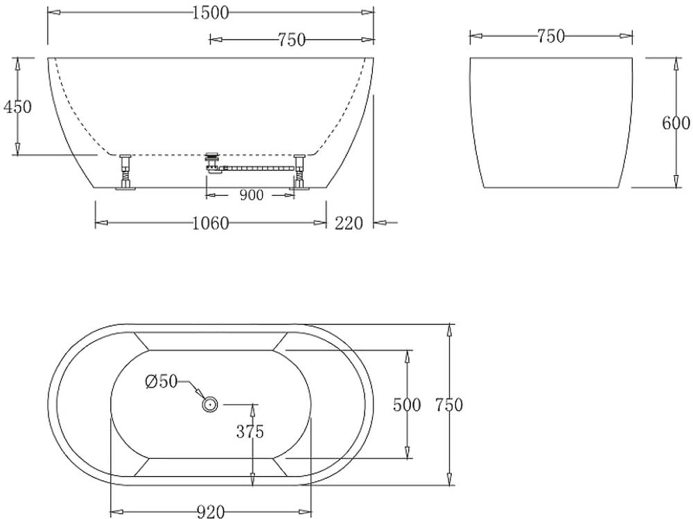 Акриловая ванна BelBagno 150x75 BB70-1500-W0 без гидромассажа