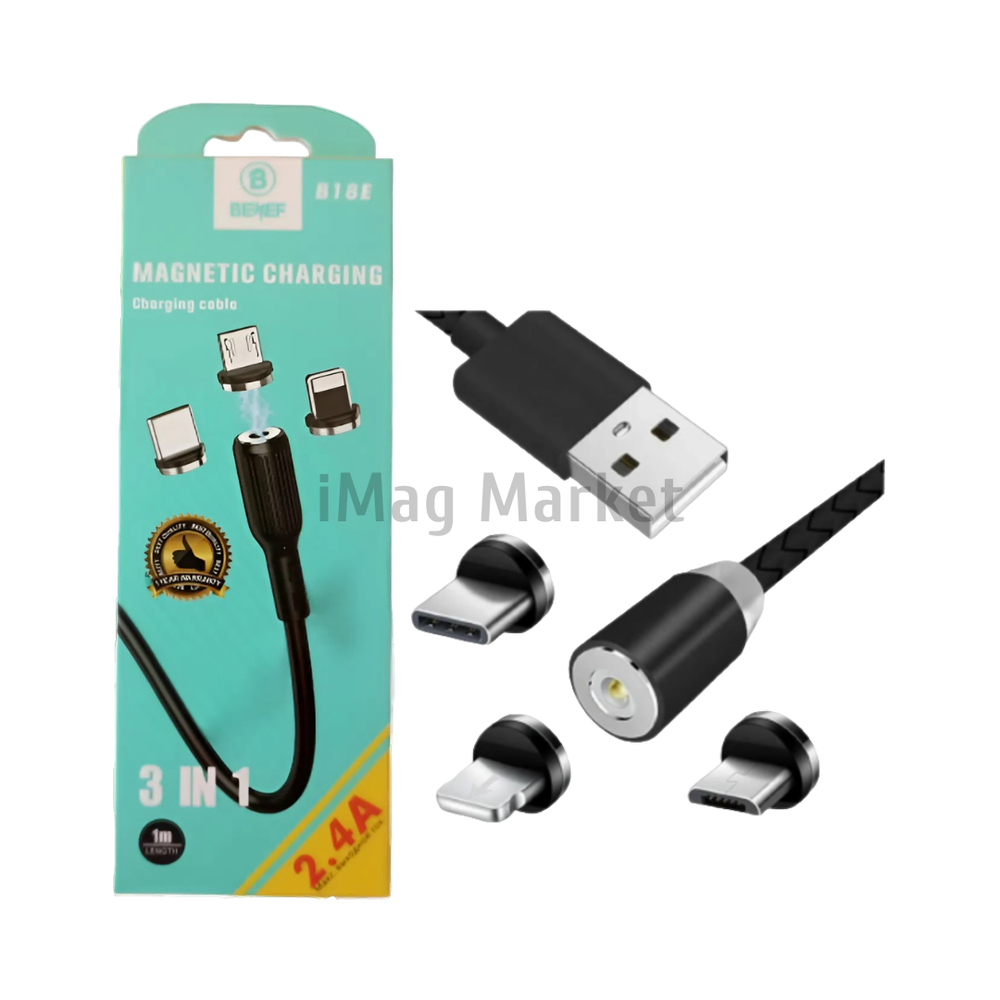 Зарядный кабель Benef B18E, USB-A - Lightning/micro-USB/Type-C, 2.4A, 12W, 1 м, черный