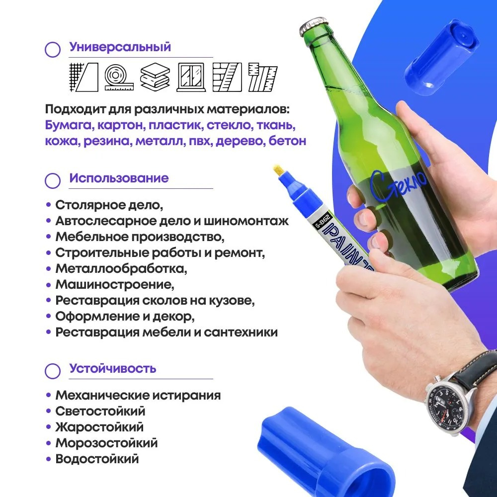 Маркер-краска перманентный синий, набор 3 шт, MC-Basir, несмываемый лаковый водостойкий фломастер строительный (по металлу, пластику, стеклу), для граффити и теггинга, наконечник 5 мм