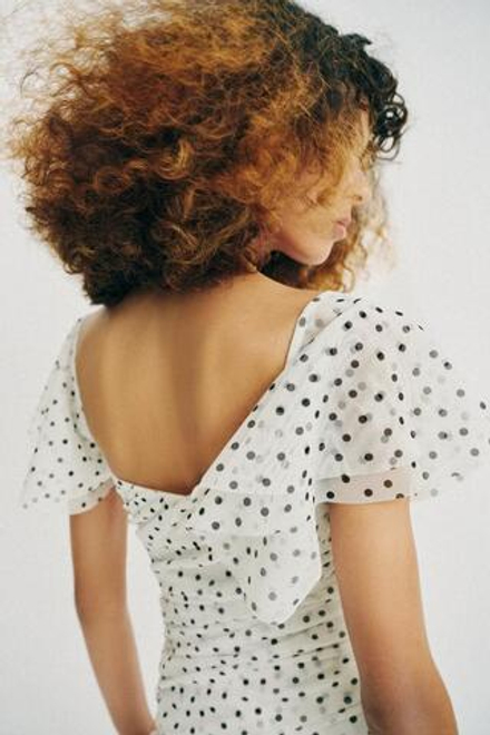 ZARA ПЛАТЬЕ МИДИ В ГОРОШЕК, БЕЛЫЙ/ЧЕРНЫЙ