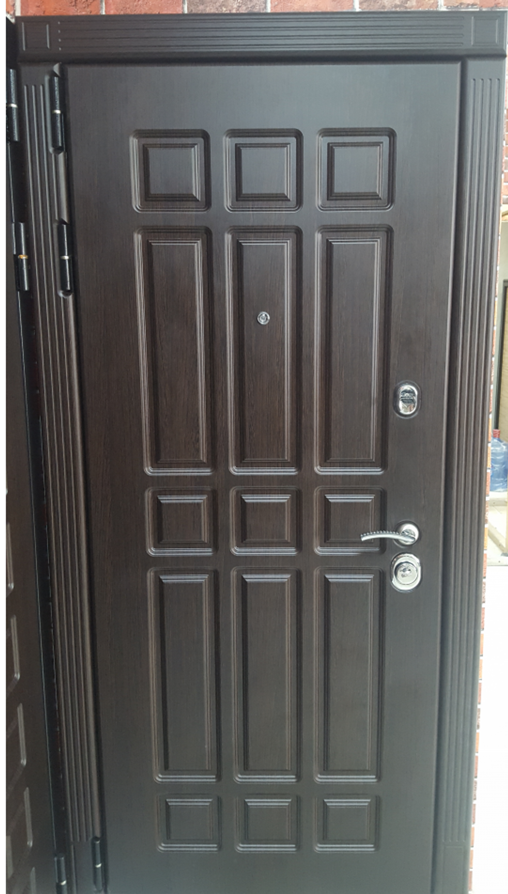 Входная дверь с зеркалом Лекс 8 Сенатор 3К Венге /  Большое ассиметричное № 109 Белая шагрень