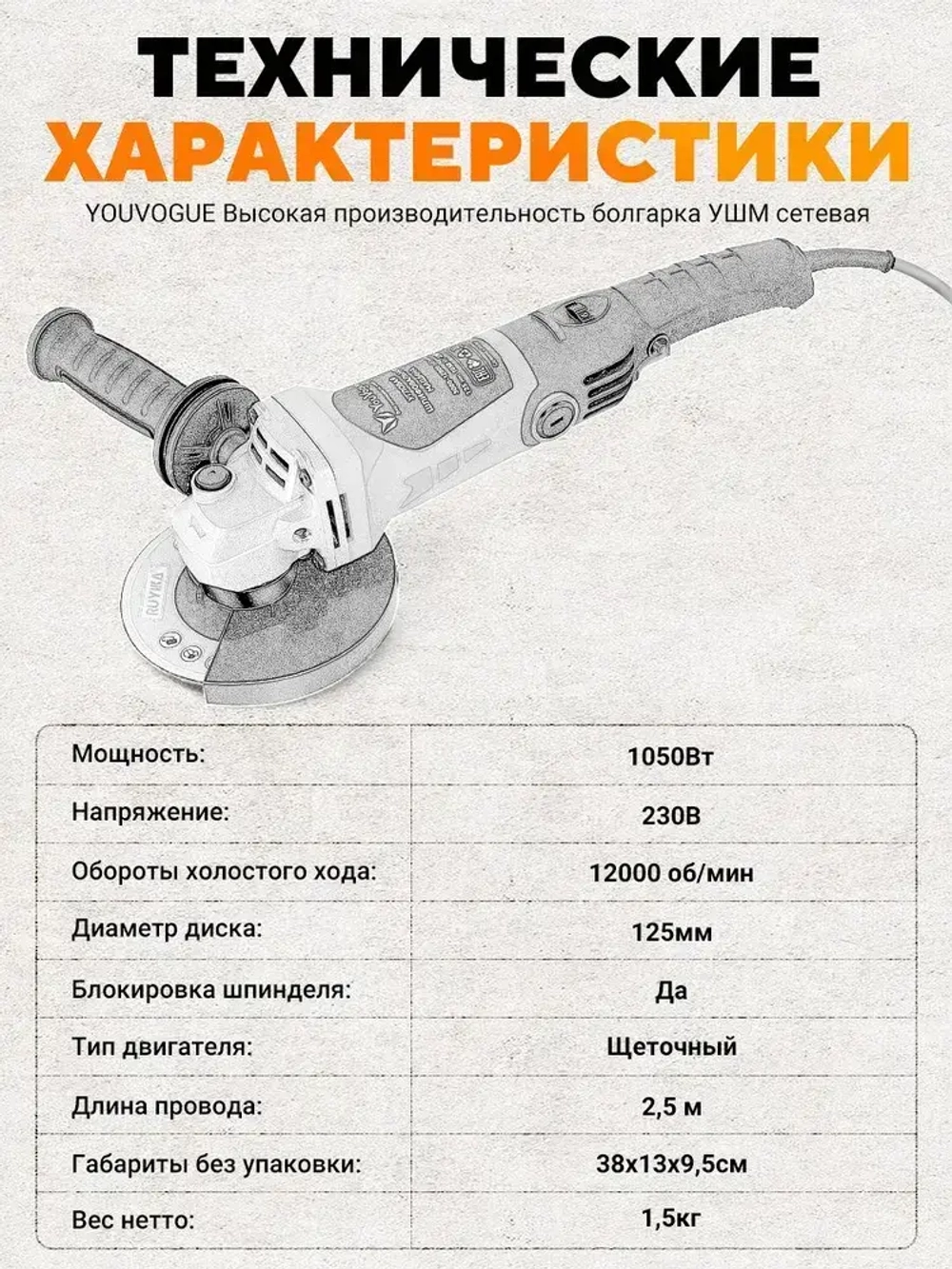Болгарка 125 1050Вт, УШМ с регулировкой оборотов,0-12000об/мин