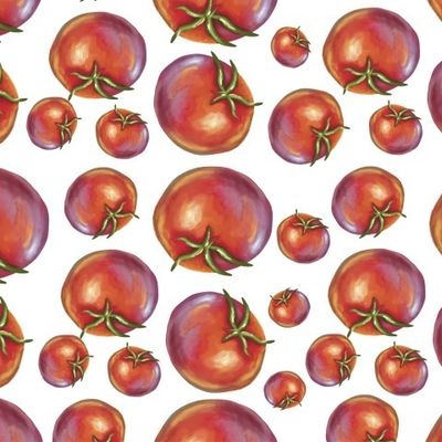 Seamless pattern with fresh tomatoes and tomato slices on white background.