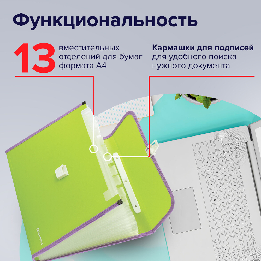 Папка-портфель пластиковая BRAUBERG "JOY" А4 (330х245х35 мм) 13 отделений с окантовкой салатовая (2 штуки в упаковке)