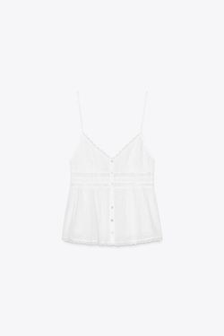 ZARA ТОП ИЗ КРУЖЕВА С ВЫШИВКОЙ, БЕЛЫЙ