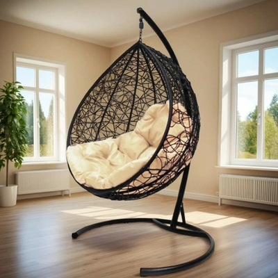 Кресло подвесное Кокон Капля ротанг черный, подушка цвет в ассортименте