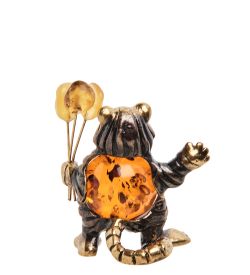 Народные промыслы AM-3179 Фигурка «Тигренок с букетом» (латунь, янтарь)