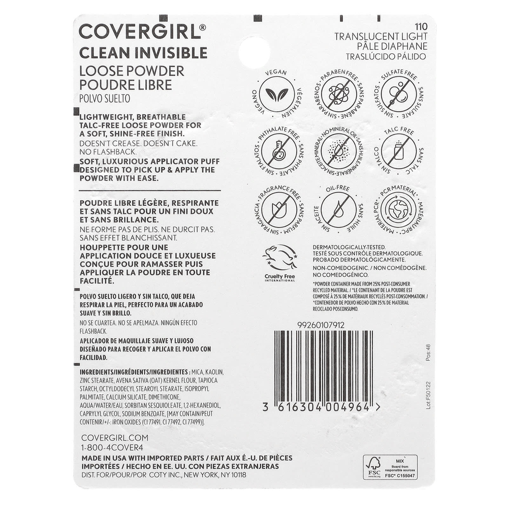 Covergirl, Clean Invisive, рассыпчатая пудра, оттенок 110 полупрозрачный светлый, 18 г (0,63 унции)