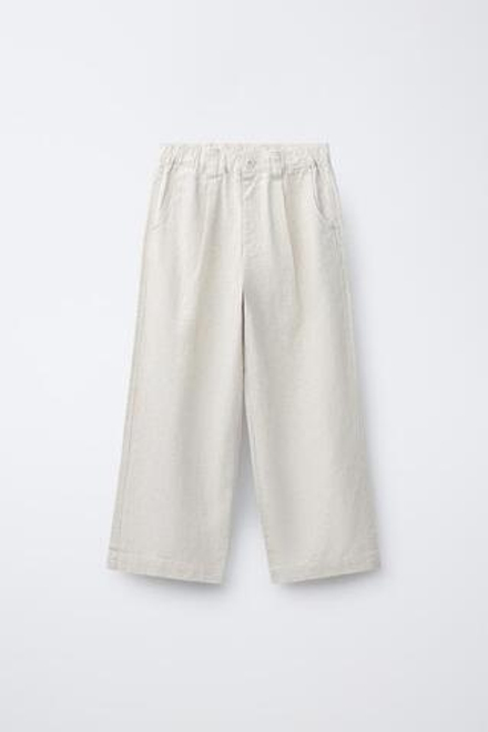 ZARA ПРЯМЫЕ БРЮКИ ИЗ ХЛОПКА И ЛЬНА, СВЕТЛО-БЕЖЕВЫЙ