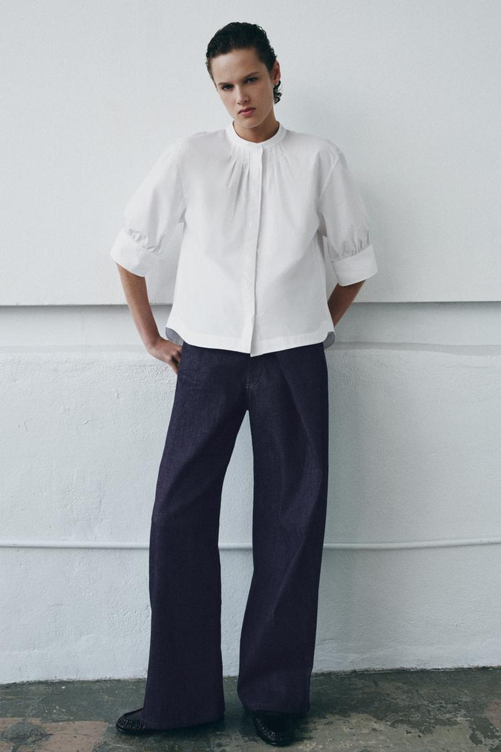 ZARA РУБАШКА С ОБЪЕМНЫМИ РУКАВАМИ ZW COLLECTION, БЕЛЫЙ