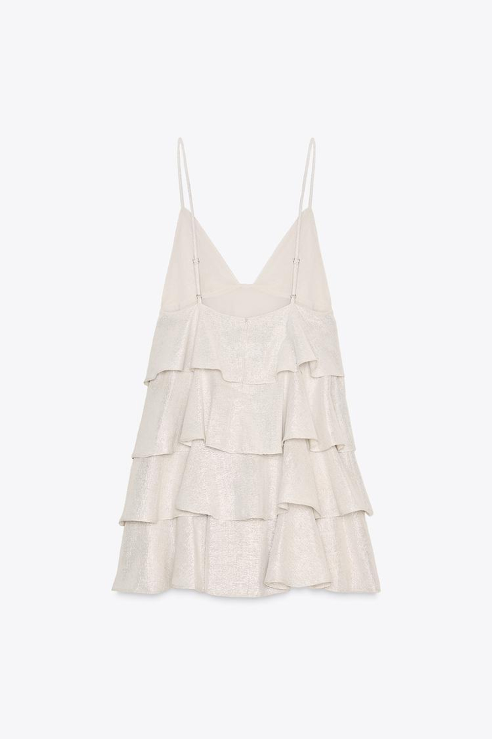 ZARA КОРОТКОЕ ПЛАТЬЕ С ВОЛАНАМИ, СЕРЕБРИСТЫЙ