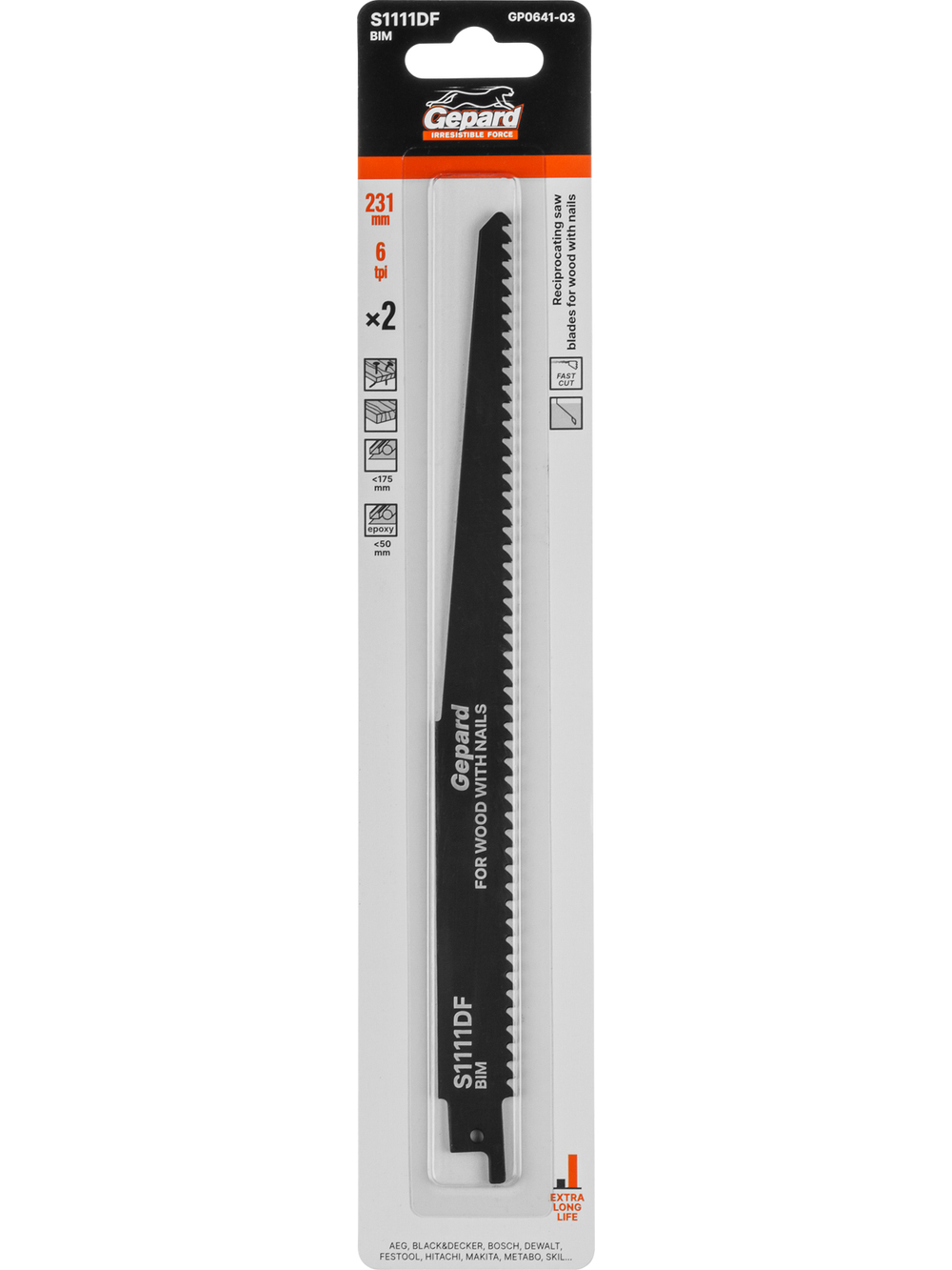 Пилка сабельная по дереву с гвоздями S1111DF (2 шт.) GEPARD