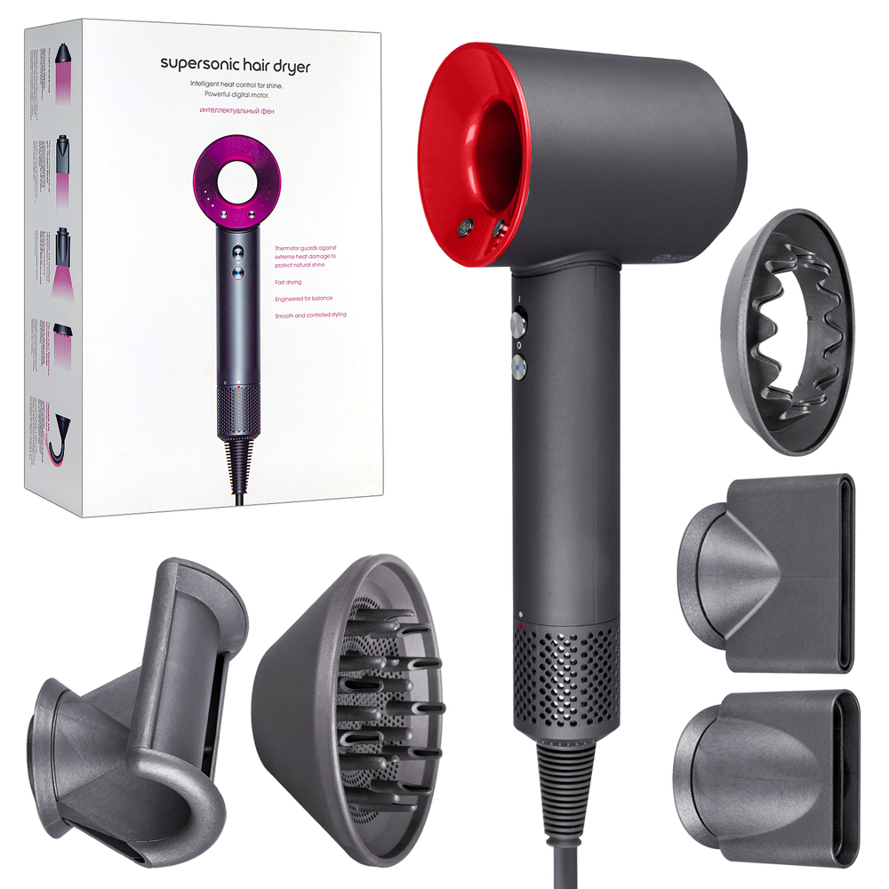 Набор фен Supersonic hair dryer Серый с красным  (6 в 1) 3M