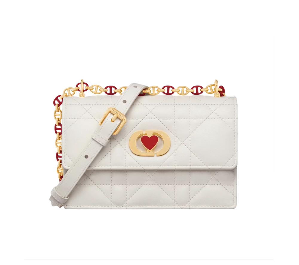 Сумка Dior Miss Caro Mini белая из ягнячьей кожи с цепочкой и сердцем