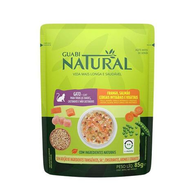 Guabi Natural Cat консервы для кошек с курицей, лососем, цельнозерновыми злаками и овощами 85г (пакетик) (Бразилия)
